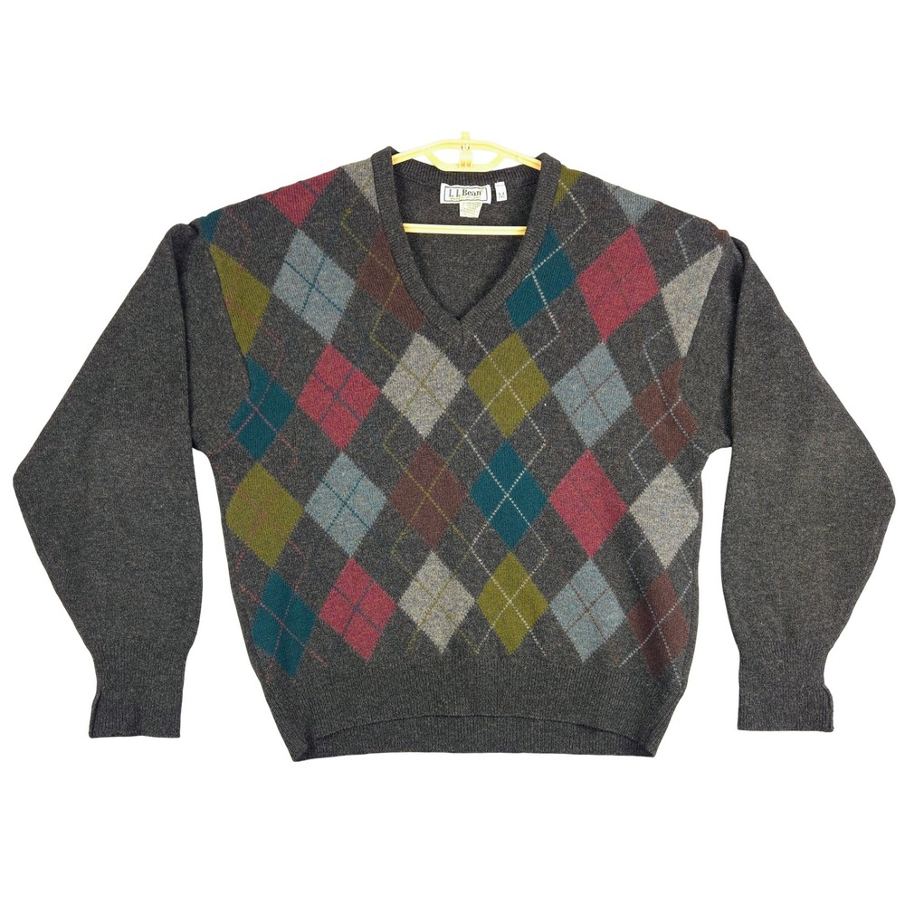 LL Bean Mens Lambswool Argyle V Neck Sweater‎ Dark Grey Size M Made in Ireland